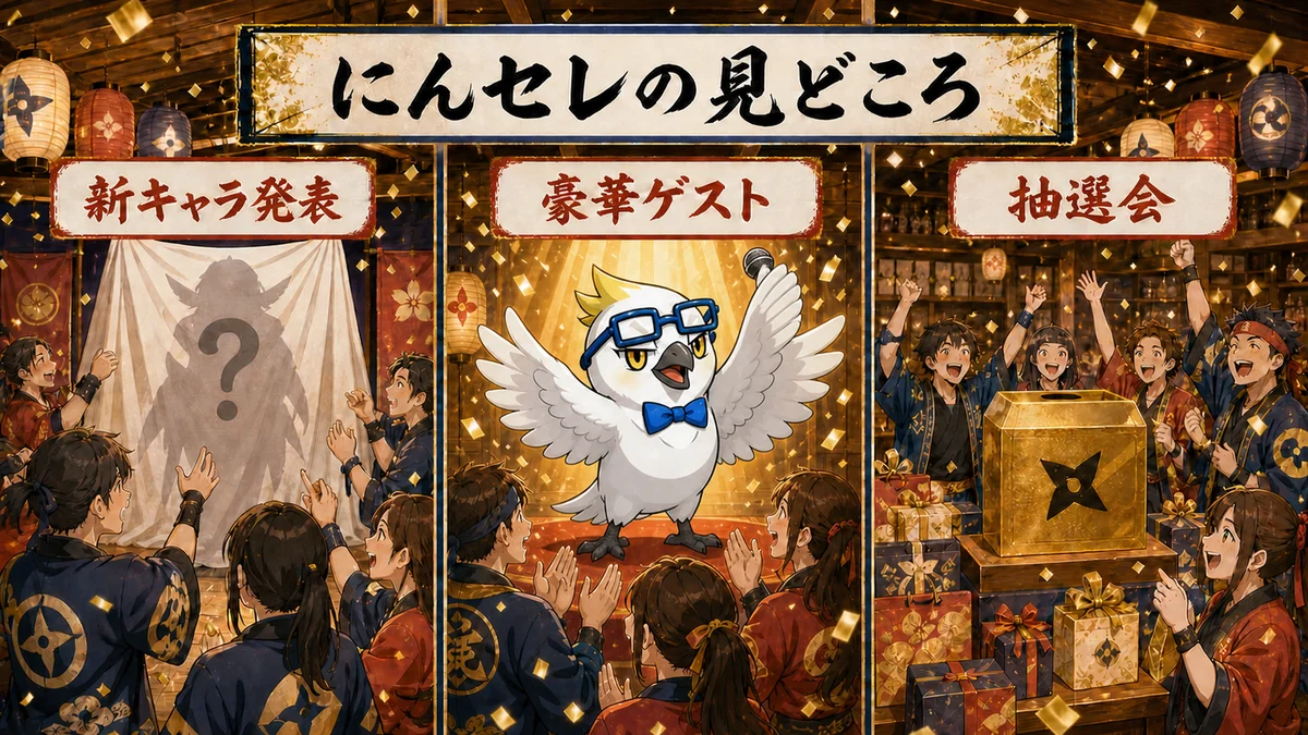 にんセレの見どころ: 新キャラ発表・豪華ゲスト・抽選会